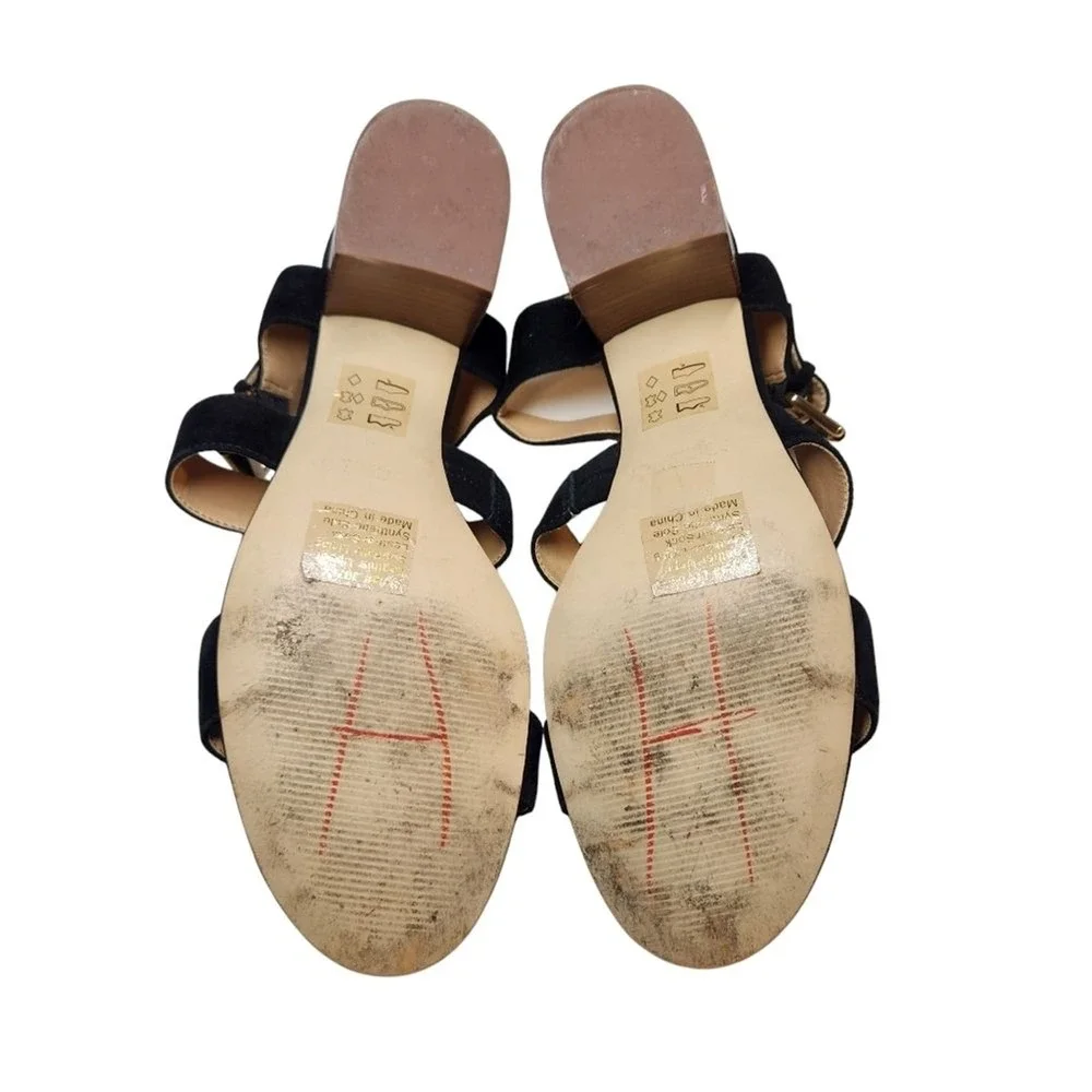 J Crew Three Strap‎ Suede Sandal Block Heel Black Ankle Strap Gold Buckle Prep 9